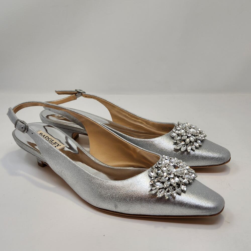 Badgley Mischka Page II Silver Rhinestone Slingback Kitten Heels Size 8.5 Shoes